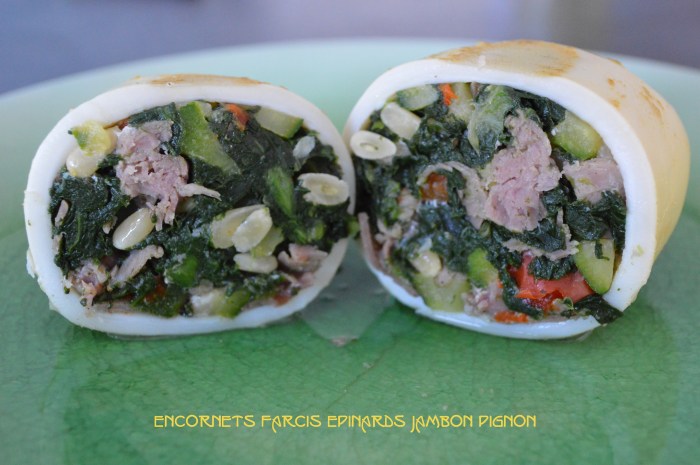 Encornets farcis épinards jambon pignon