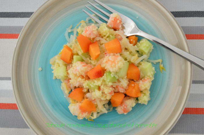Taboulé concombre, soja, abricot et crevette