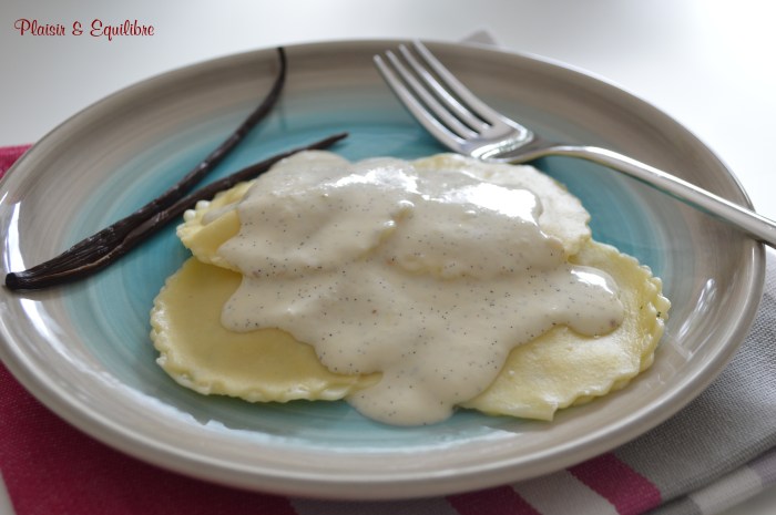 Ravioli aux crevettes et à la ricotta sauce vanille