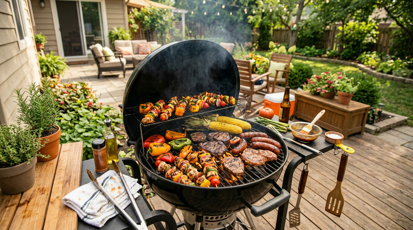 Barbecue grill cooking skewers with vegetables, corn, sausages, and steaks outdoors